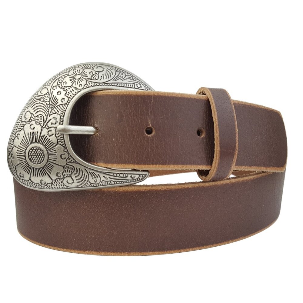 Brown Distressed Vintage Leather belt w. Floral Engraved Buckle